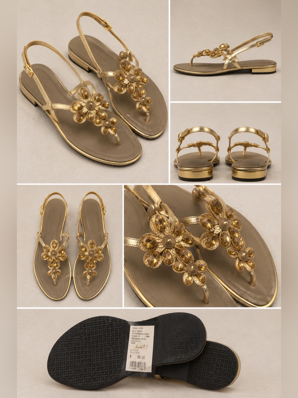 Elie Tahari Leather Jeweled Accent Thong Toe Y2K Sandals Gold Size 10